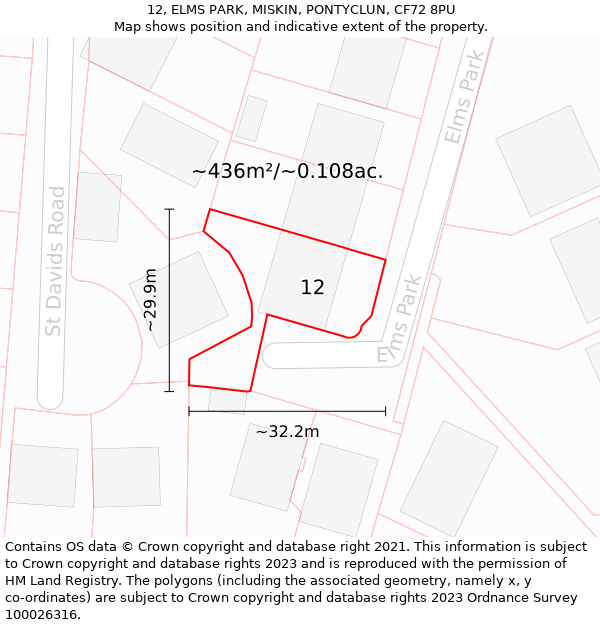 12, ELMS PARK, MISKIN, PONTYCLUN, CF72 8PU: Plot and title map