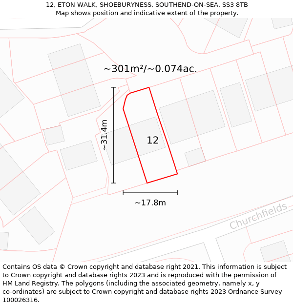 12, ETON WALK, SHOEBURYNESS, SOUTHEND-ON-SEA, SS3 8TB: Plot and title map