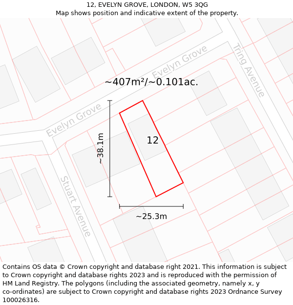 12, EVELYN GROVE, LONDON, W5 3QG: Plot and title map