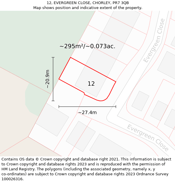 12, EVERGREEN CLOSE, CHORLEY, PR7 3QB: Plot and title map