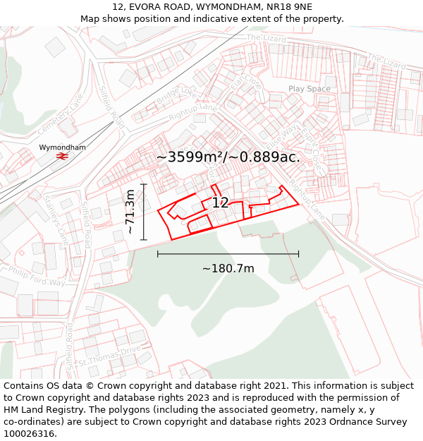 12, EVORA ROAD, WYMONDHAM, NR18 9NE: Plot and title map