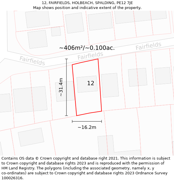 12, FAIRFIELDS, HOLBEACH, SPALDING, PE12 7JE: Plot and title map