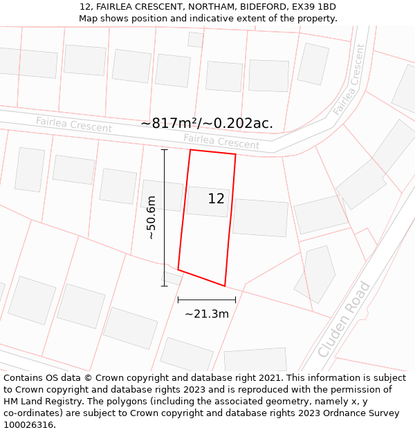 12, FAIRLEA CRESCENT, NORTHAM, BIDEFORD, EX39 1BD: Plot and title map