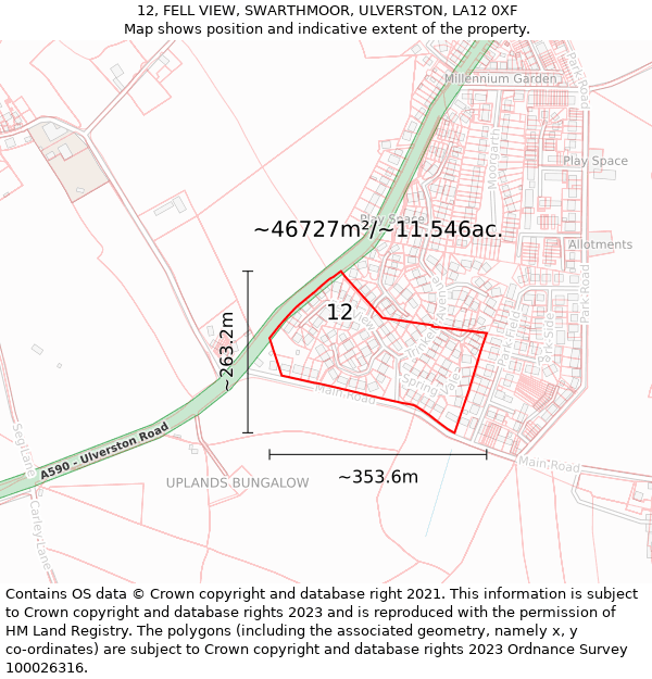 12, FELL VIEW, SWARTHMOOR, ULVERSTON, LA12 0XF: Plot and title map