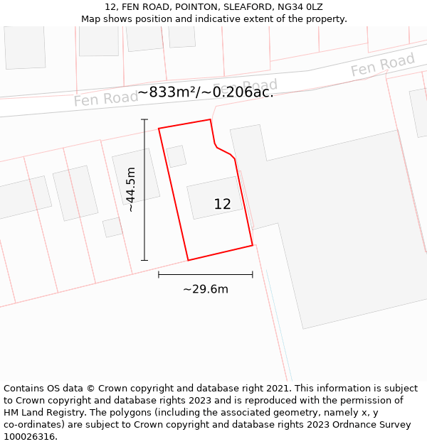 12, FEN ROAD, POINTON, SLEAFORD, NG34 0LZ: Plot and title map