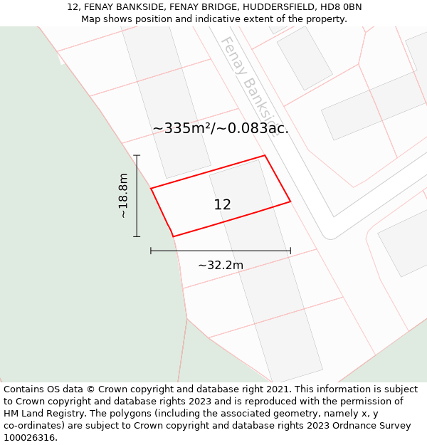 12, FENAY BANKSIDE, FENAY BRIDGE, HUDDERSFIELD, HD8 0BN: Plot and title map