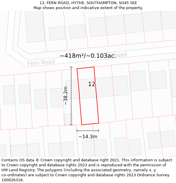 12, FERN ROAD, HYTHE, SOUTHAMPTON, SO45 5EE: Plot and title map