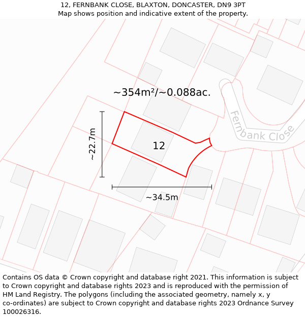 12, FERNBANK CLOSE, BLAXTON, DONCASTER, DN9 3PT: Plot and title map