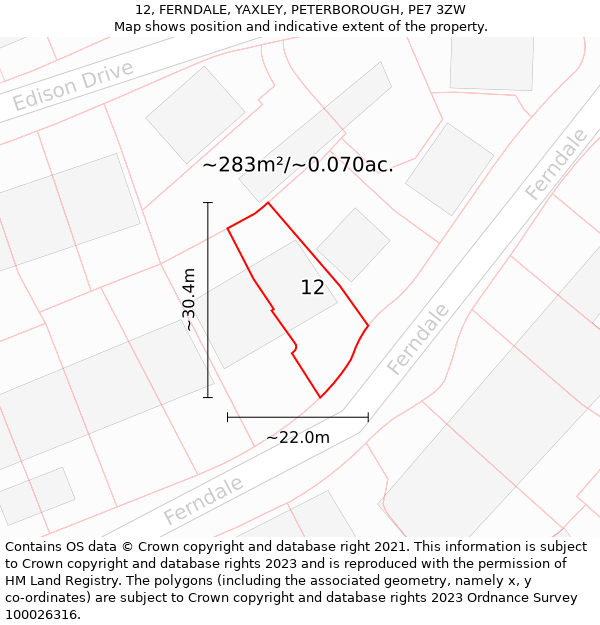 12, FERNDALE, YAXLEY, PETERBOROUGH, PE7 3ZW: Plot and title map