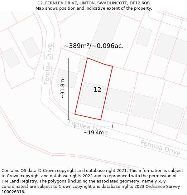 12, FERNLEA DRIVE, LINTON, SWADLINCOTE, DE12 6QR: Plot and title map