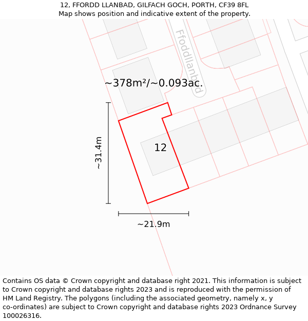 12, FFORDD LLANBAD, GILFACH GOCH, PORTH, CF39 8FL: Plot and title map
