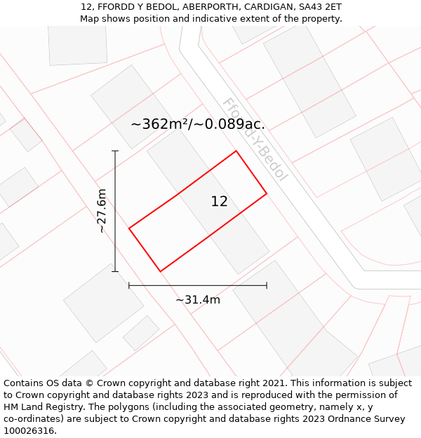 12, FFORDD Y BEDOL, ABERPORTH, CARDIGAN, SA43 2ET: Plot and title map