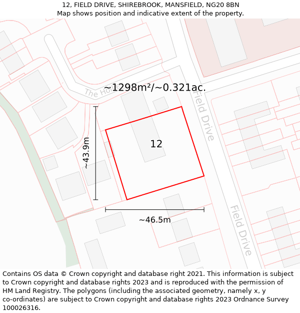 12, FIELD DRIVE, SHIREBROOK, MANSFIELD, NG20 8BN: Plot and title map