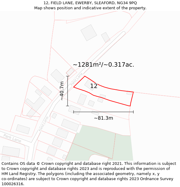 12, FIELD LANE, EWERBY, SLEAFORD, NG34 9PQ: Plot and title map