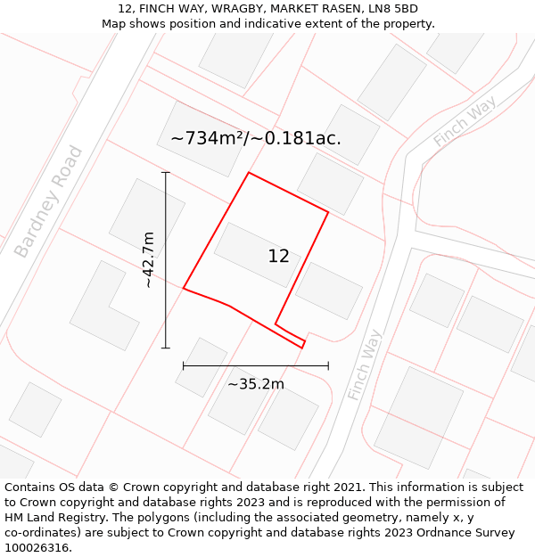 12, FINCH WAY, WRAGBY, MARKET RASEN, LN8 5BD: Plot and title map