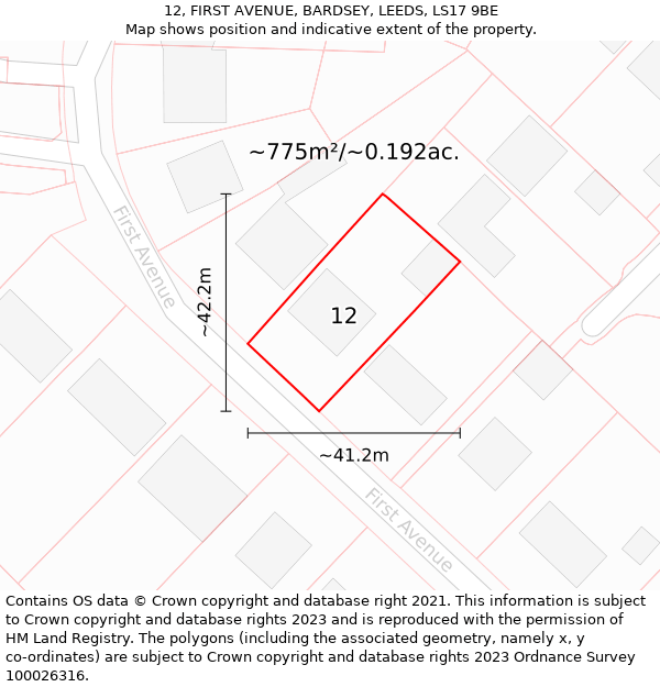 12, FIRST AVENUE, BARDSEY, LEEDS, LS17 9BE: Plot and title map