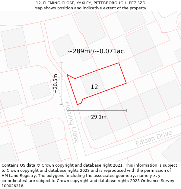 12, FLEMING CLOSE, YAXLEY, PETERBOROUGH, PE7 3ZD: Plot and title map