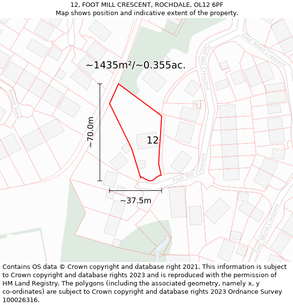 12, FOOT MILL CRESCENT, ROCHDALE, OL12 6PF: Plot and title map