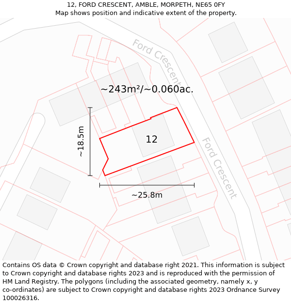 12, FORD CRESCENT, AMBLE, MORPETH, NE65 0FY: Plot and title map