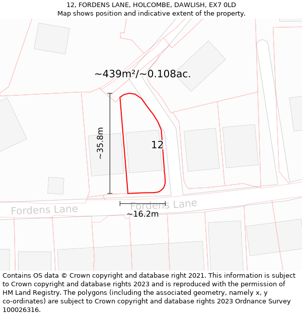 12, FORDENS LANE, HOLCOMBE, DAWLISH, EX7 0LD: Plot and title map