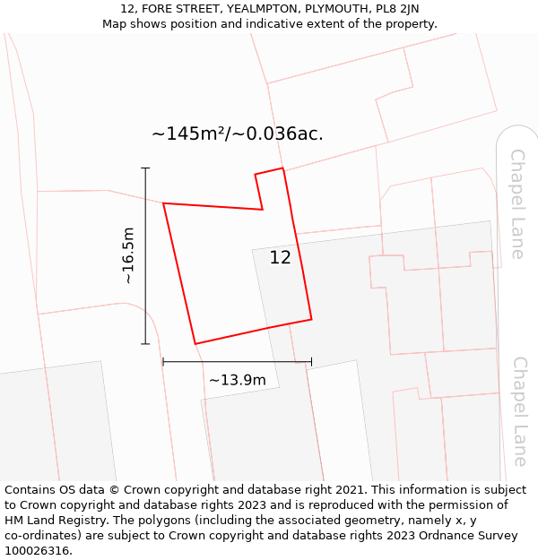 12, FORE STREET, YEALMPTON, PLYMOUTH, PL8 2JN: Plot and title map