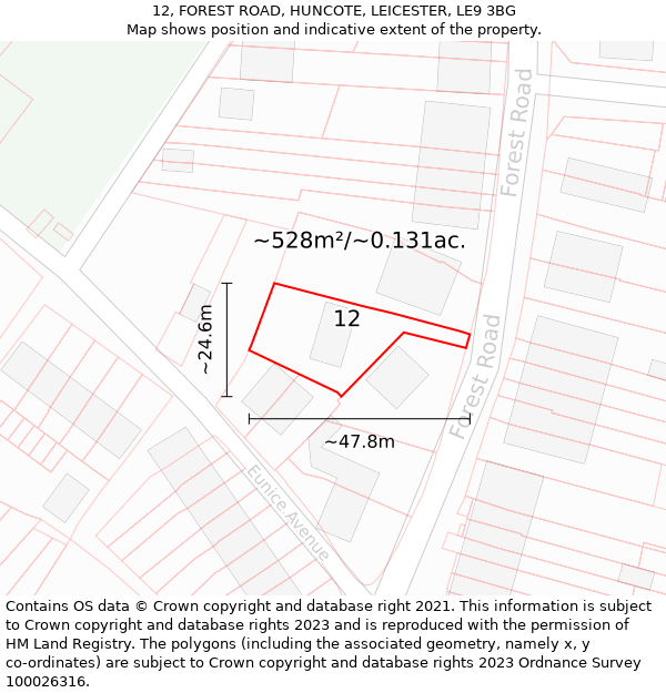 12, FOREST ROAD, HUNCOTE, LEICESTER, LE9 3BG: Plot and title map