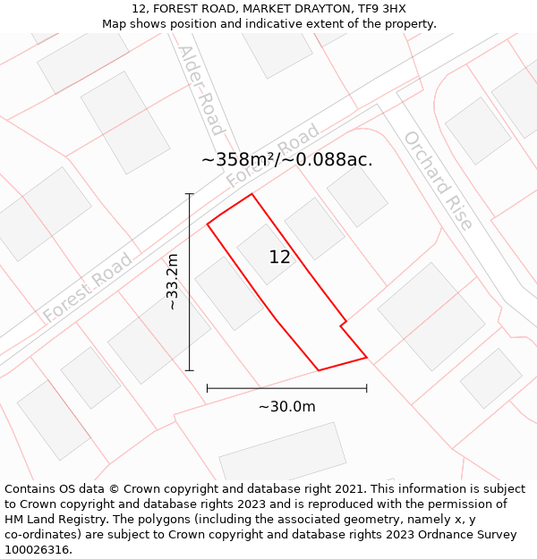 12, FOREST ROAD, MARKET DRAYTON, TF9 3HX: Plot and title map