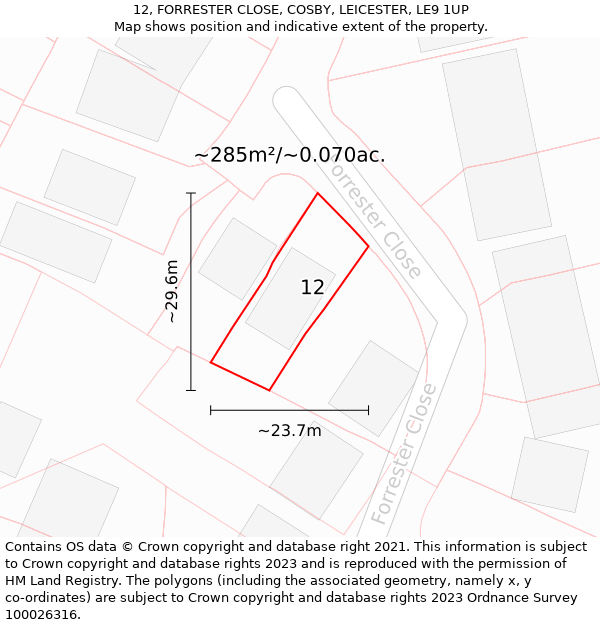 12, FORRESTER CLOSE, COSBY, LEICESTER, LE9 1UP: Plot and title map