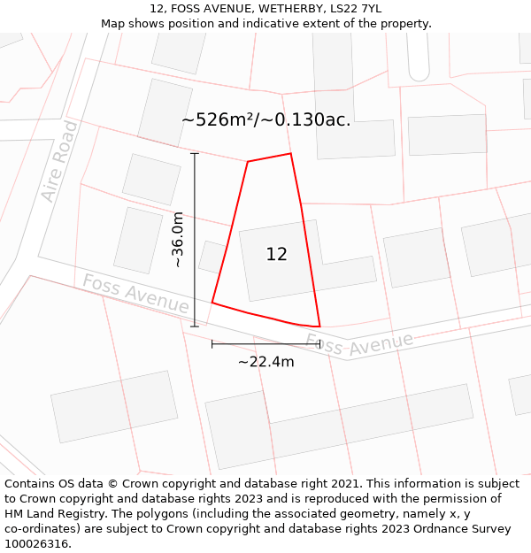 12, FOSS AVENUE, WETHERBY, LS22 7YL: Plot and title map