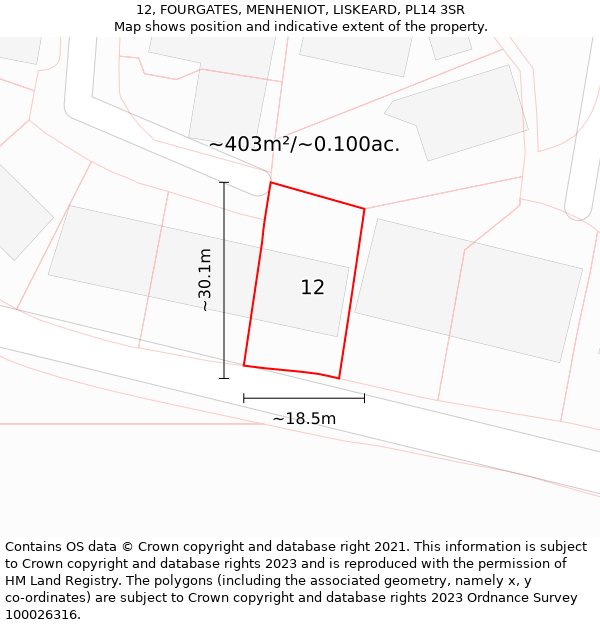 12, FOURGATES, MENHENIOT, LISKEARD, PL14 3SR: Plot and title map