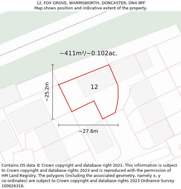 12, FOX GROVE, WARMSWORTH, DONCASTER, DN4 9PF: Plot and title map