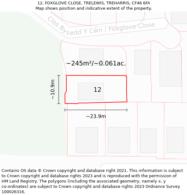 12, FOXGLOVE CLOSE, TRELEWIS, TREHARRIS, CF46 6FA: Plot and title map