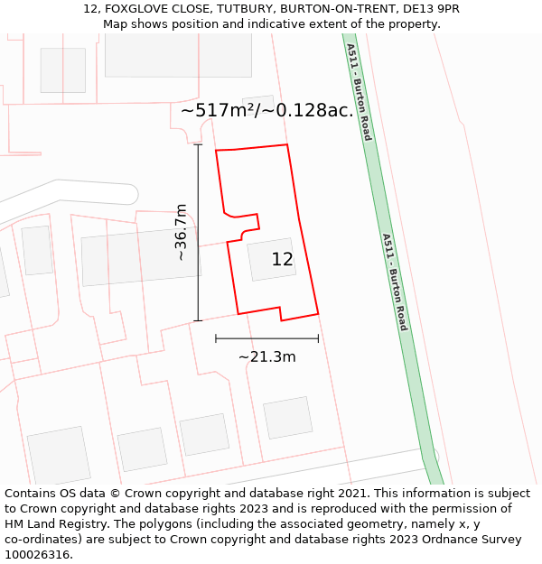 12, FOXGLOVE CLOSE, TUTBURY, BURTON-ON-TRENT, DE13 9PR: Plot and title map