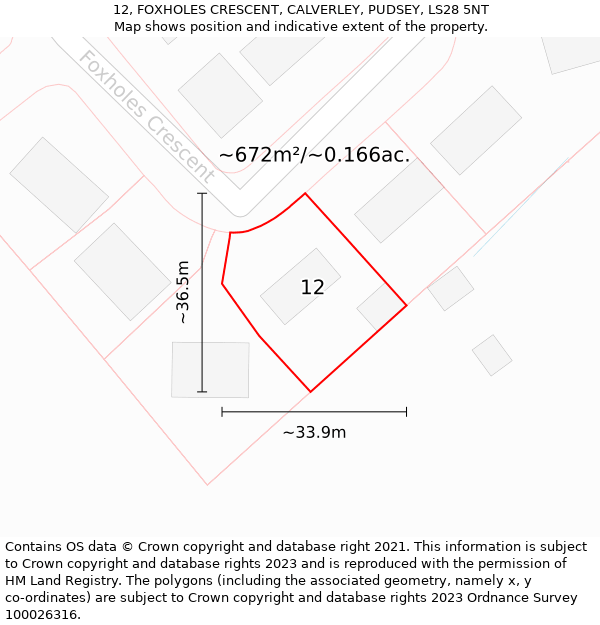 12, FOXHOLES CRESCENT, CALVERLEY, PUDSEY, LS28 5NT: Plot and title map