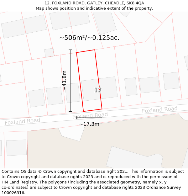 12, FOXLAND ROAD, GATLEY, CHEADLE, SK8 4QA: Plot and title map