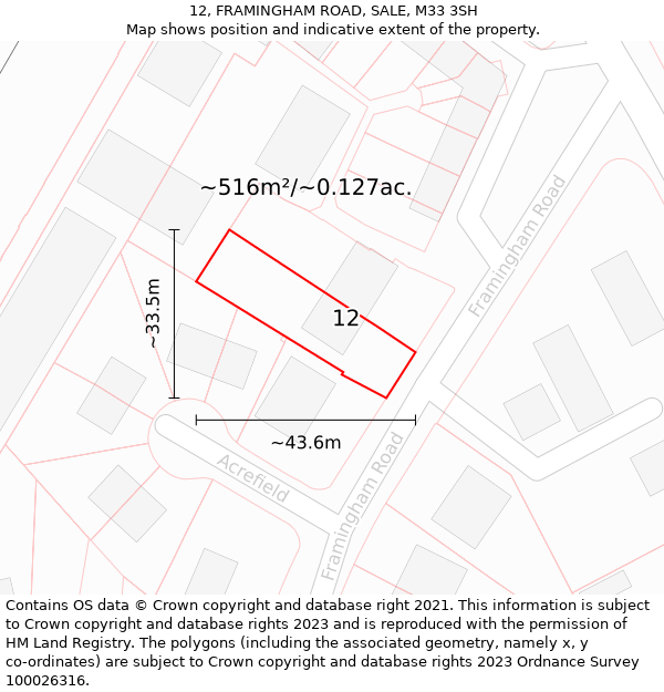 12, FRAMINGHAM ROAD, SALE, M33 3SH: Plot and title map