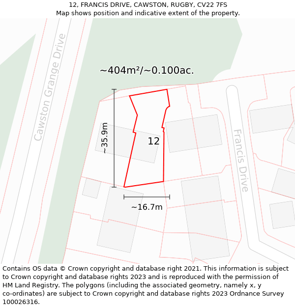 12, FRANCIS DRIVE, CAWSTON, RUGBY, CV22 7FS: Plot and title map