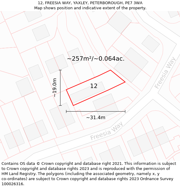 12, FREESIA WAY, YAXLEY, PETERBOROUGH, PE7 3WA: Plot and title map