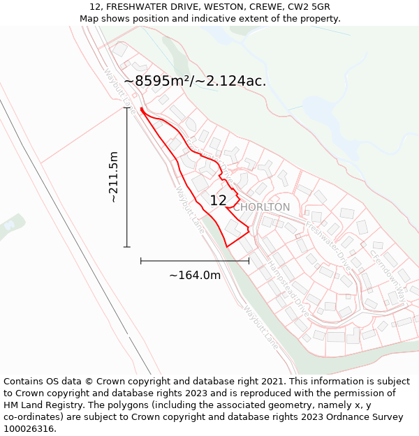 12, FRESHWATER DRIVE, WESTON, CREWE, CW2 5GR: Plot and title map