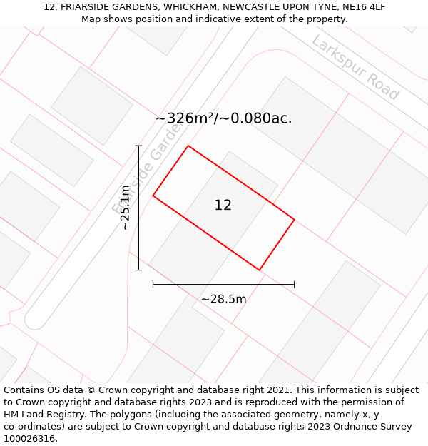 12, FRIARSIDE GARDENS, WHICKHAM, NEWCASTLE UPON TYNE, NE16 4LF: Plot and title map