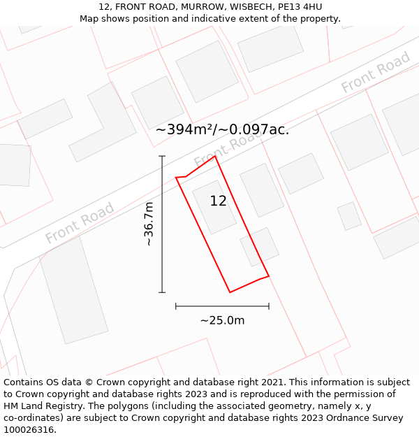 12, FRONT ROAD, MURROW, WISBECH, PE13 4HU: Plot and title map