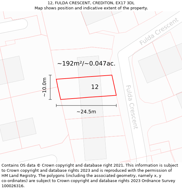 12, FULDA CRESCENT, CREDITON, EX17 3DL: Plot and title map