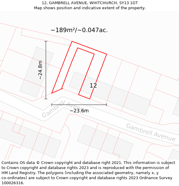 12, GAMBRELL AVENUE, WHITCHURCH, SY13 1GT: Plot and title map