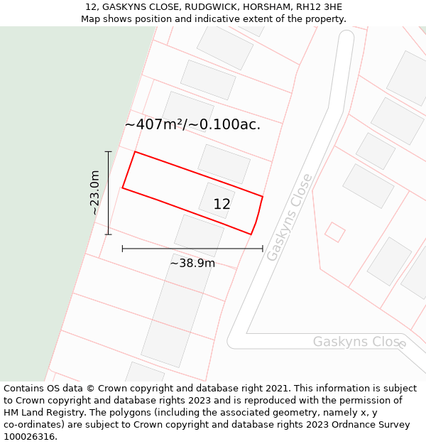 12, GASKYNS CLOSE, RUDGWICK, HORSHAM, RH12 3HE: Plot and title map