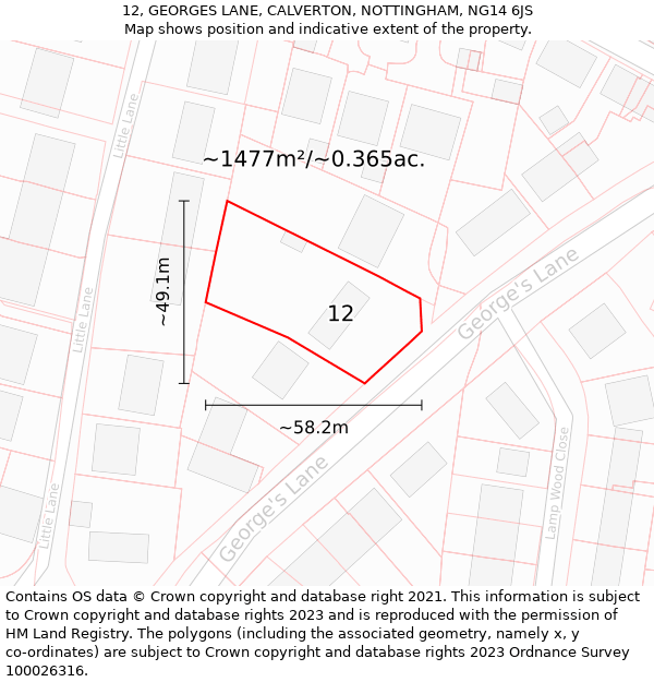 12, GEORGES LANE, CALVERTON, NOTTINGHAM, NG14 6JS: Plot and title map