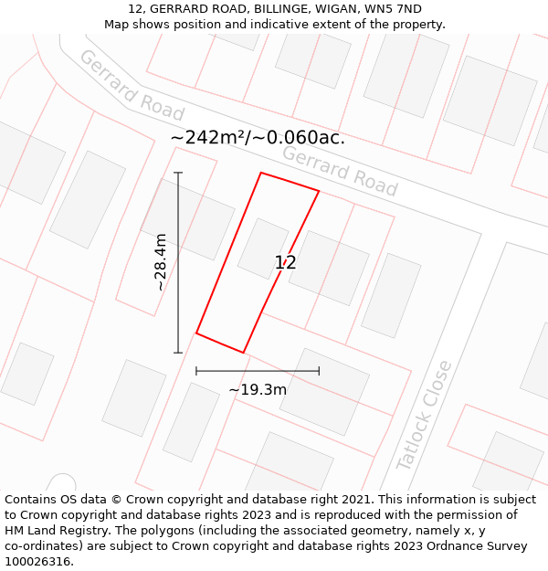 12, GERRARD ROAD, BILLINGE, WIGAN, WN5 7ND: Plot and title map