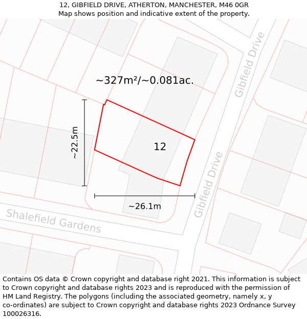 12, GIBFIELD DRIVE, ATHERTON, MANCHESTER, M46 0GR: Plot and title map