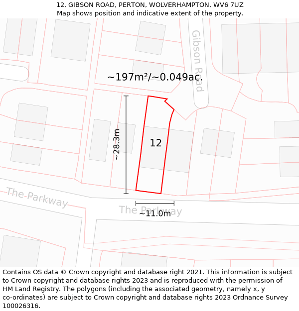 12, GIBSON ROAD, PERTON, WOLVERHAMPTON, WV6 7UZ: Plot and title map