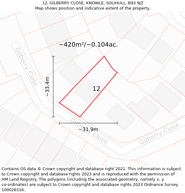 12, GILBERRY CLOSE, KNOWLE, SOLIHULL, B93 9JZ: Plot and title map