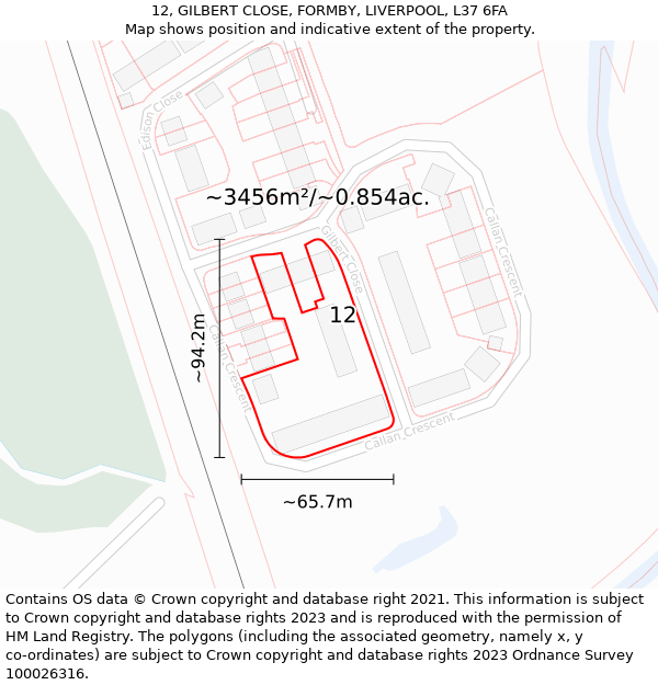 12, GILBERT CLOSE, FORMBY, LIVERPOOL, L37 6FA: Plot and title map